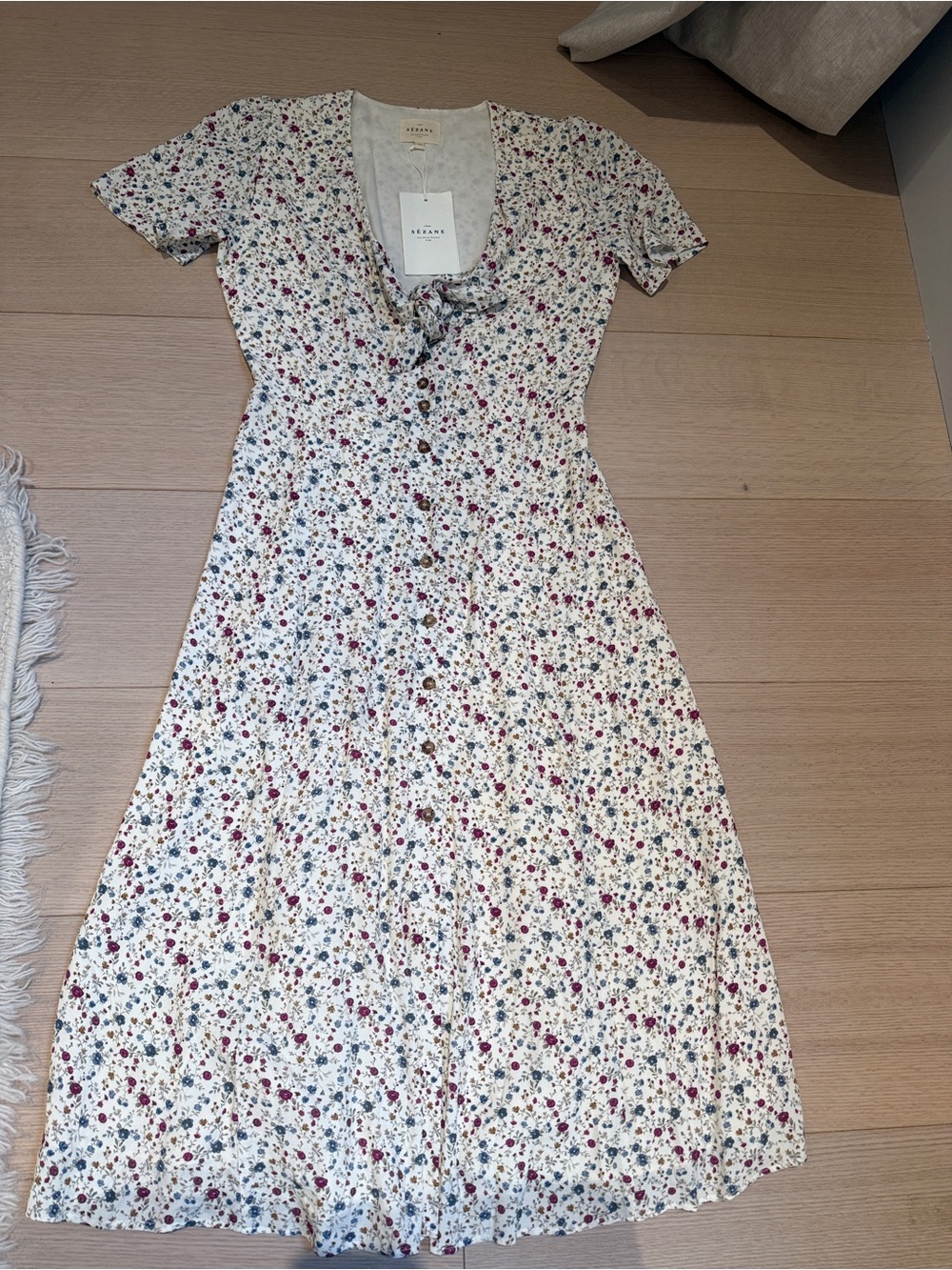 SEZANE Cream Floral Button-Front Midi Dress with Pink and Green Accents